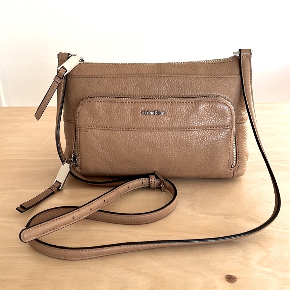 Calvin Klein Pebble Leather Crossbody Bag  in Tan color